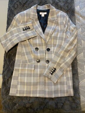 Liz Claiborne Gray and Beige Plaid Double-Breasted Blazer